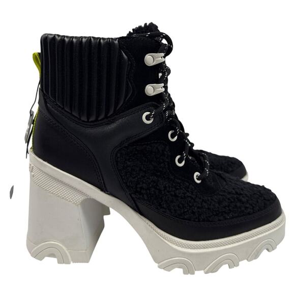 Sorel Brex Heel Cozy Lace Bootie Womens 8 Black Leather Faux Shearling White - Picture 1 of 10